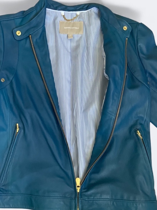 Banana Republic Leather Cropped Moto Jacket Blue SZ S - Picture 4 of 12